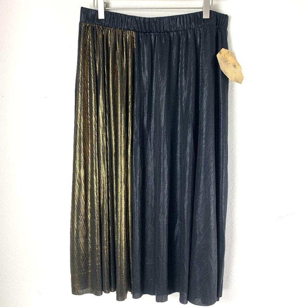 Marc New York Womens Black Gold Shimmer Elastic Waist Flare Skirt Size Large